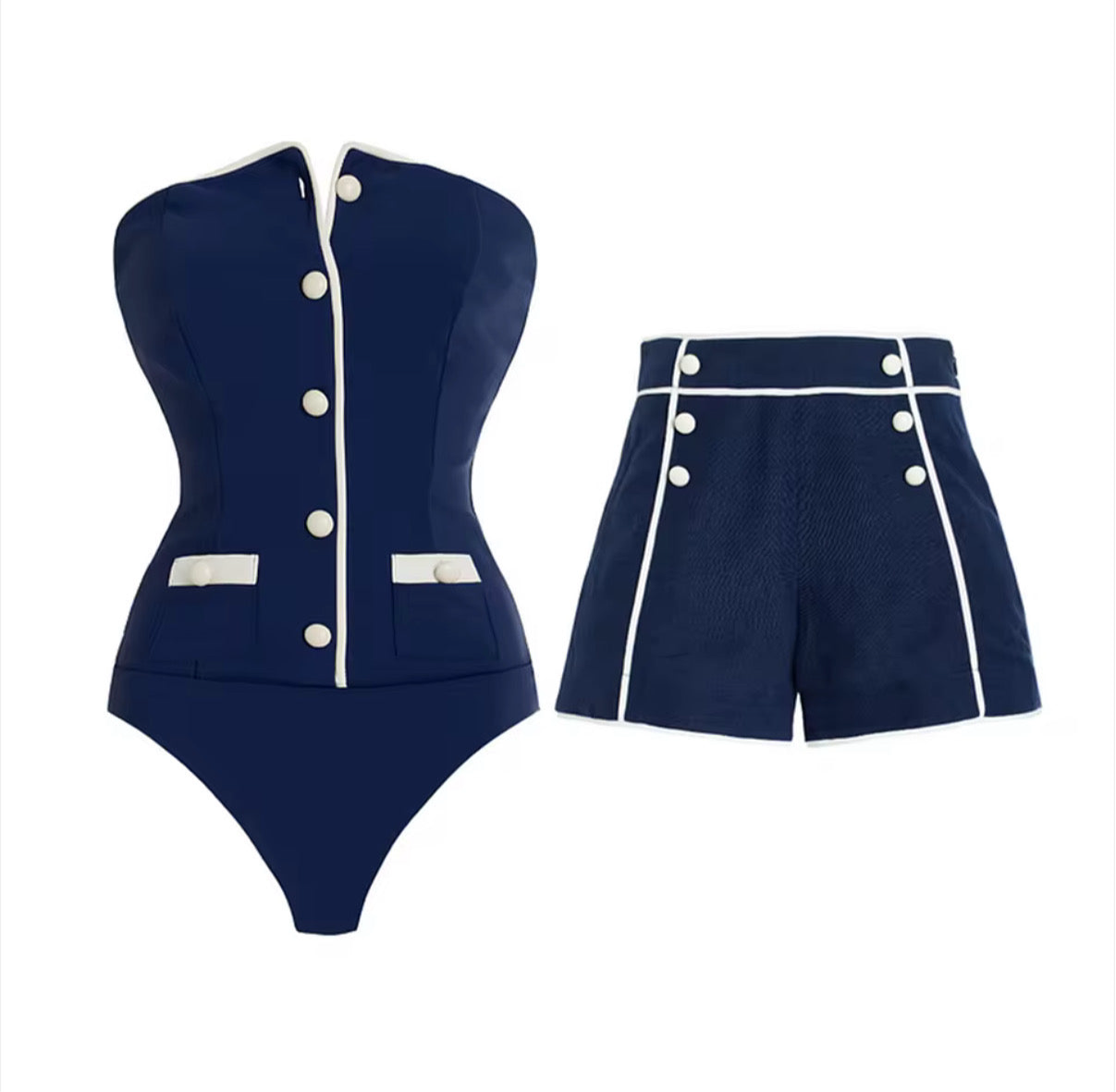 Navy Retro Nautical-Inspired Swimwear Set