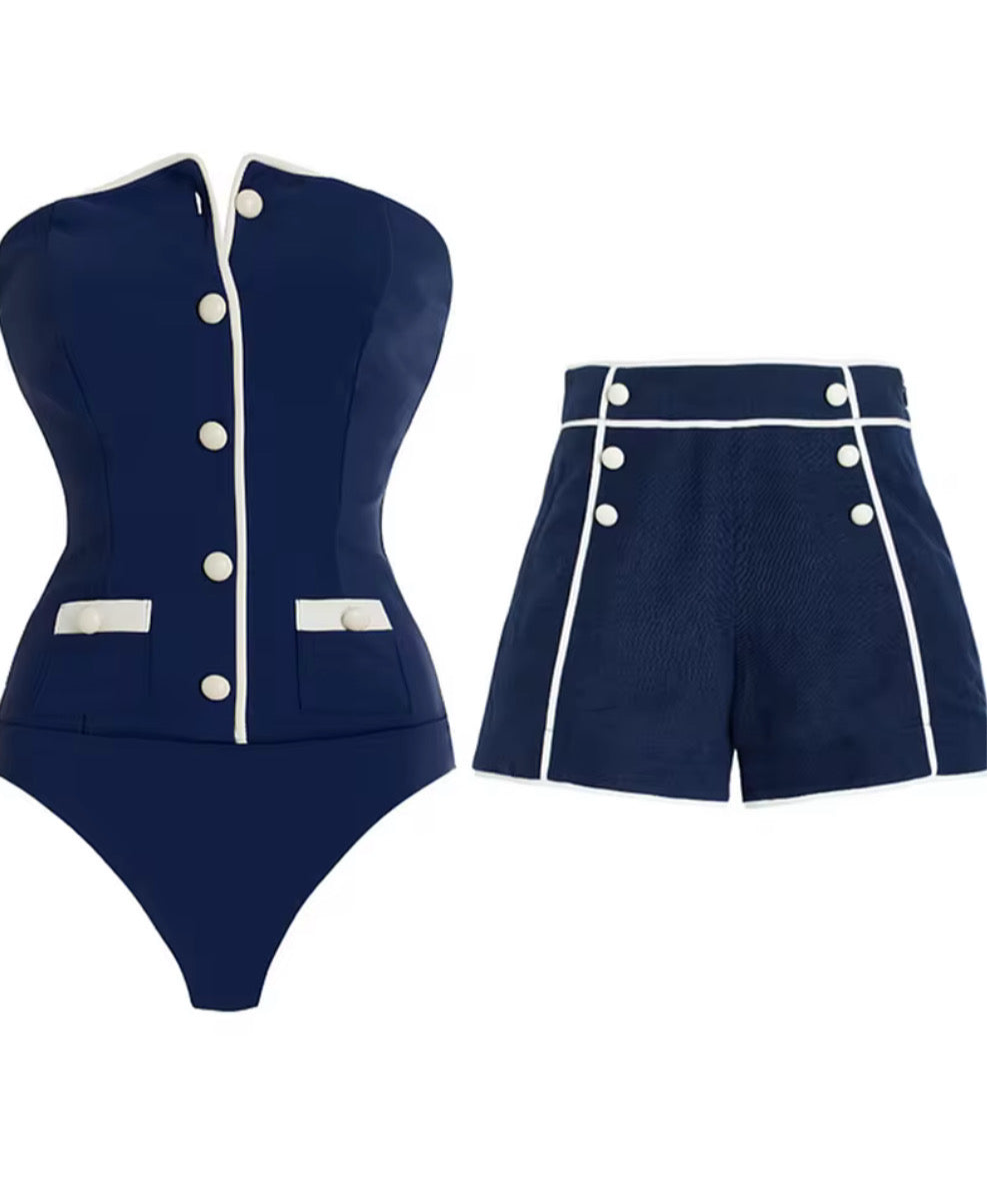 Navy Retro Nautical-Inspired Swimwear Set